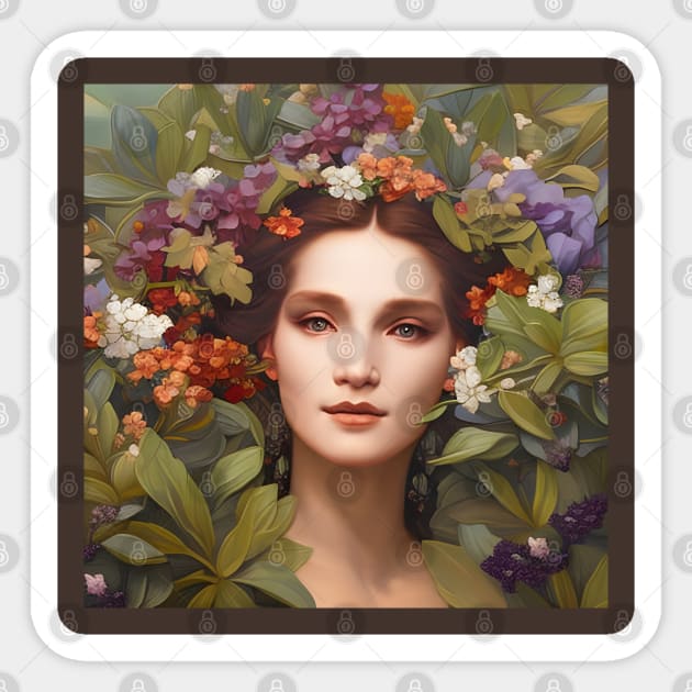 Spring Equinox Beautiful Woman Surrounded By Spring Flowers and Leaves Sticker by Chance Two Designs